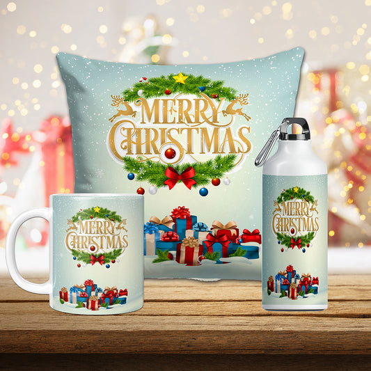 TrendoPrint Merry Christmas Gifts Hamper Mug, Water Bottle & Cushion Cover with Filler (12x12inches)