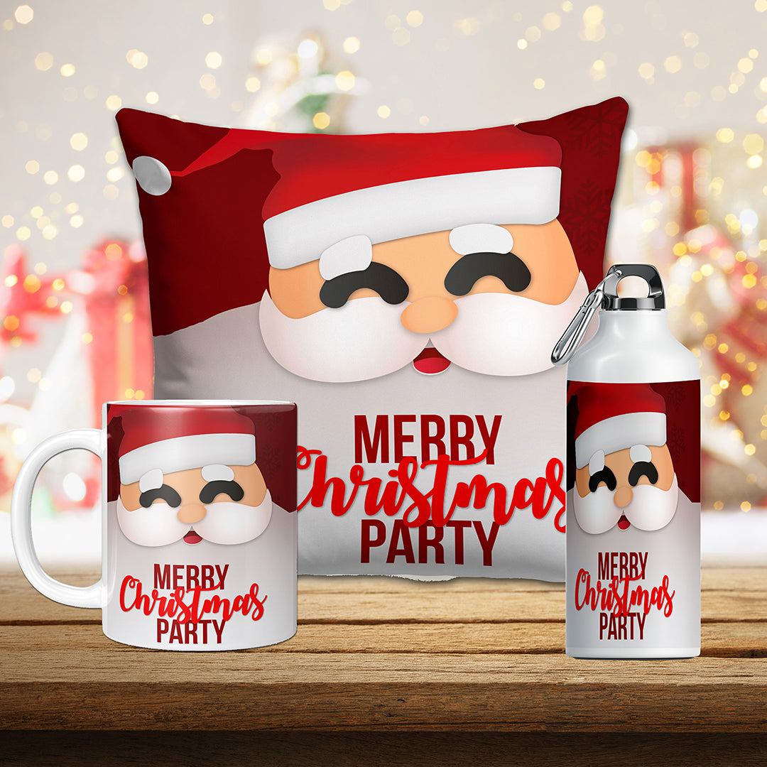 TrendoPrint Merry Christmas Gifts Hamper Mug, Water Bottle & Cushion Cover with Filler (12x12inches)