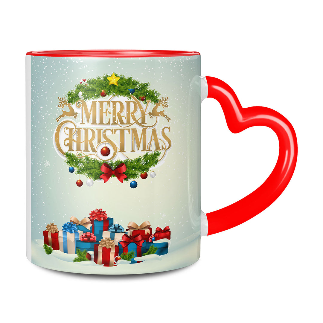 TrendoPrint Merry Christmas Printed Heart Handle Coffee Mug 350ml with Keychain